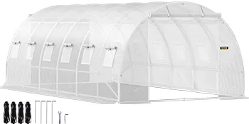 VEVOR tunnel greenhouse, white structure with ventilation windows, includes stakes and ropes.