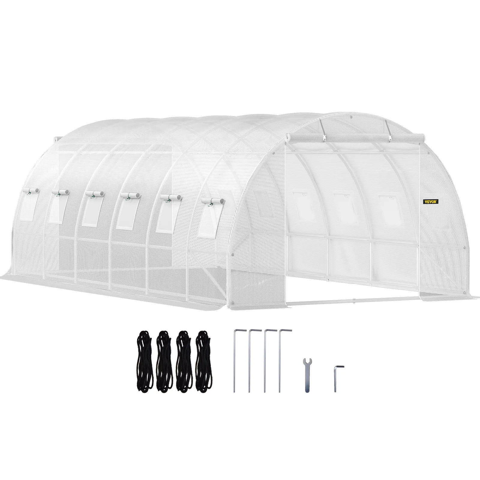 VEVOR tunnel greenhouse with accessories for installation, featuring multiple ventilation windows.