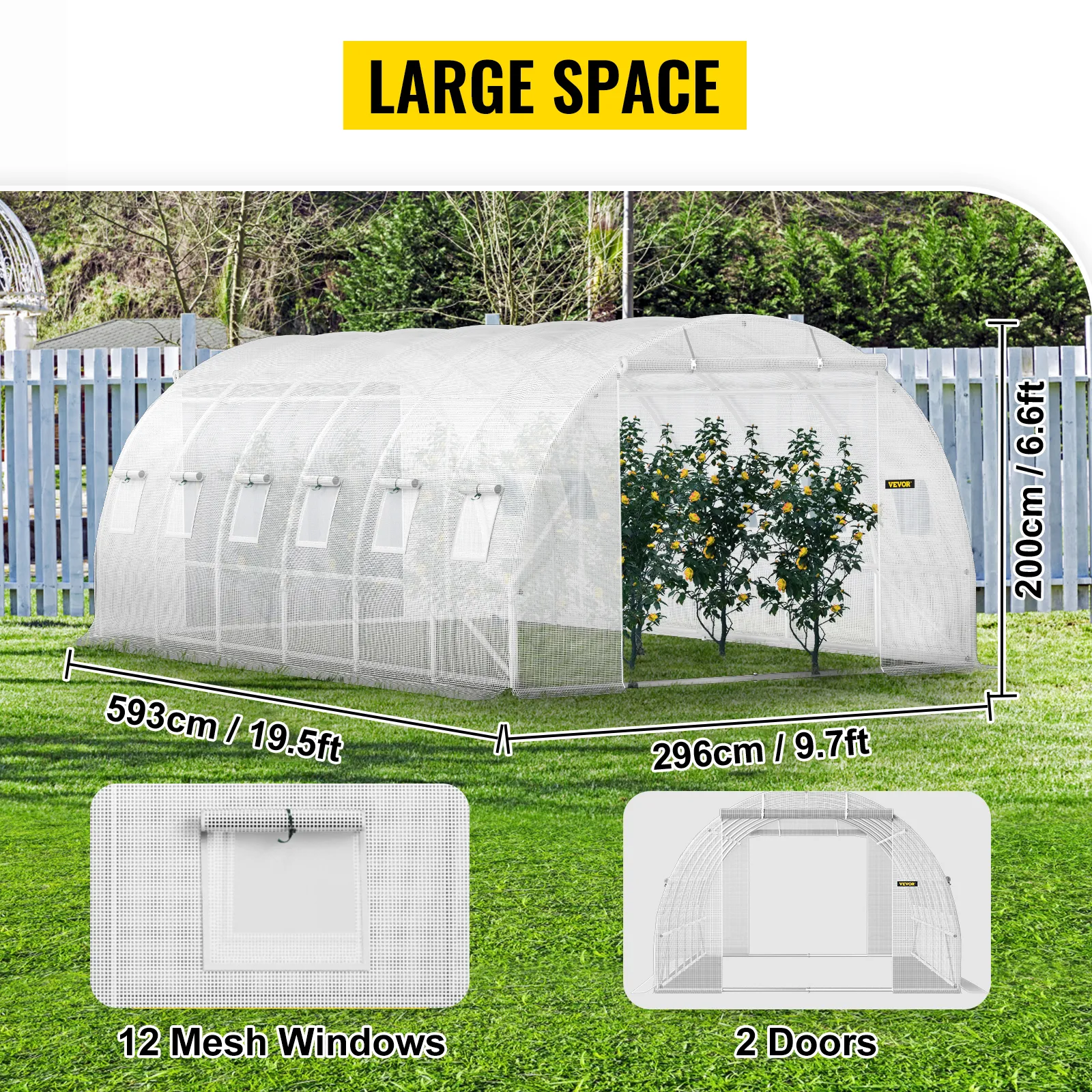 VEVOR tunnel greenhouse with 12 mesh windows, 2 doors, and large space of 20ft x 10ft x 7ft.