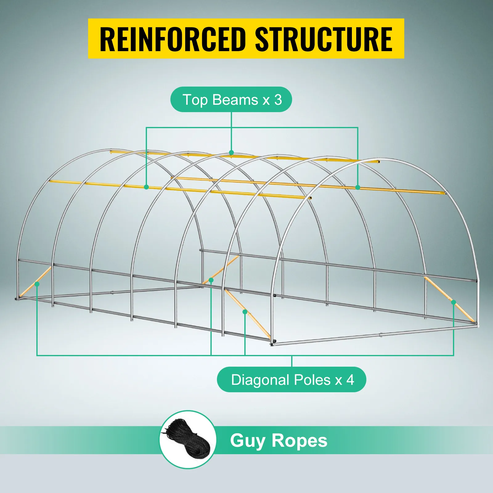 VEVOR tunnel greenhouse with reinforced structure, top beams, diagonal poles, and guy ropes.