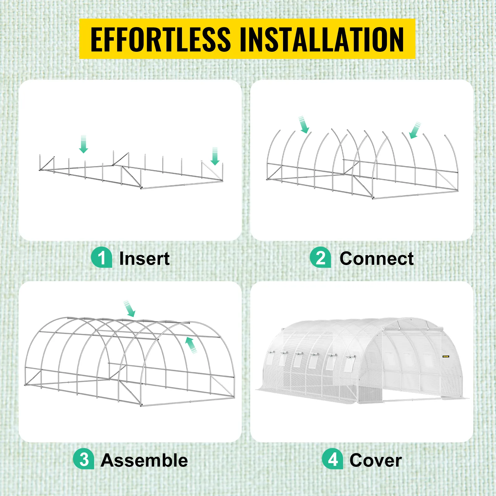 effortless installation steps for the VEVOR tunnel greenhouse: insert, connect, assemble, and cover.