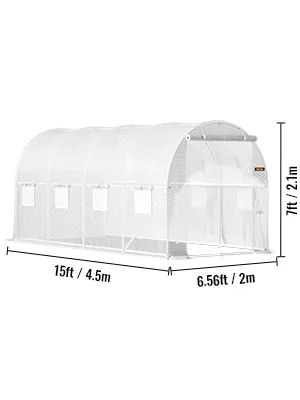 VEVOR tunnel greenhouse, 15ft x 7ft, 7ft height with arched design and ventilation windows.