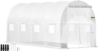 VEVOR tunnel greenhouse with metal frame, clear cover, and ventilation windows, including anchor kit.