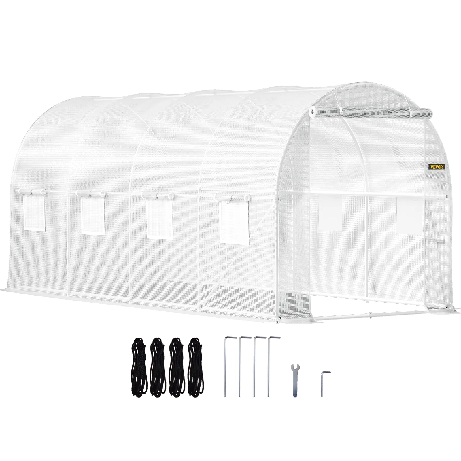 VEVOR tunnel greenhouse with metal frame, white cover, roll-up door, and accessories.
