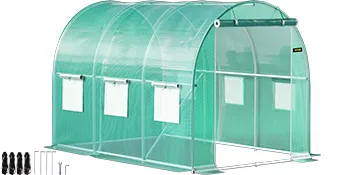 VEVOR walk-in greenhouse with arched design, roll-up door, and mesh windows, including ground stakes.