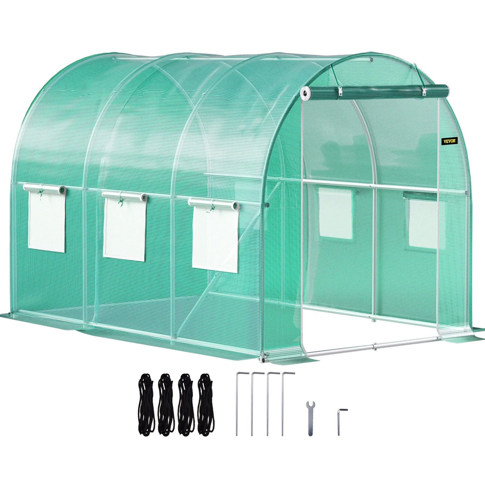 VEVOR walk-in greenhouse with roll-up windows, steel frame, ropes, and stakes for garden.