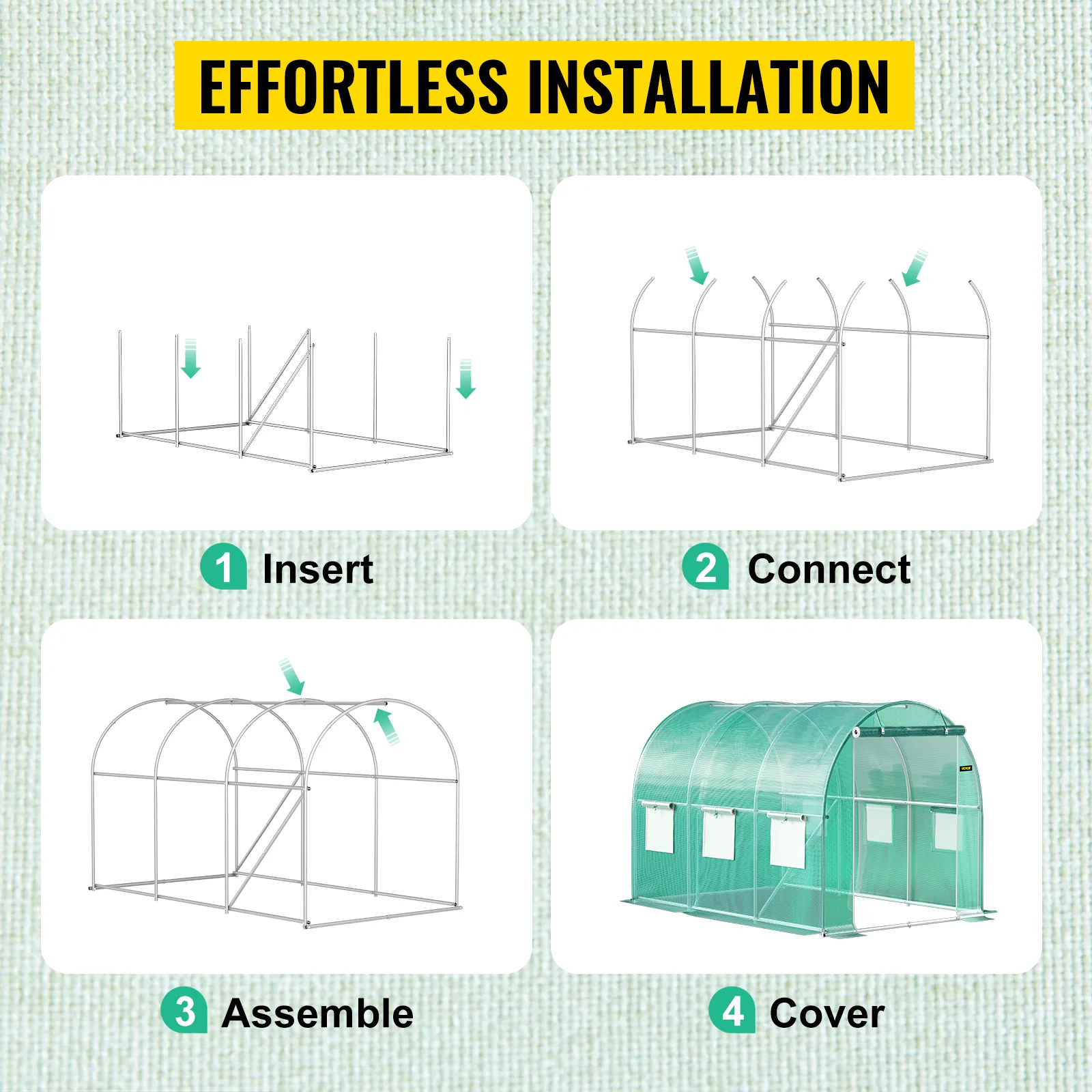 effortless installation steps for VEVOR walk-in greenhouse: insert, connect, assemble, cover.
