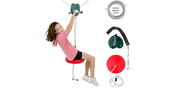 Niña montando en kit de tirolina VEVOR con asiento, cable y asa en vistas separadas.