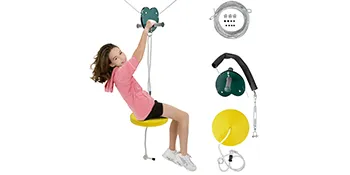 Niño disfrutando del kit de tirolina sentado VEVOR con componentes de asiento, cable y mango.