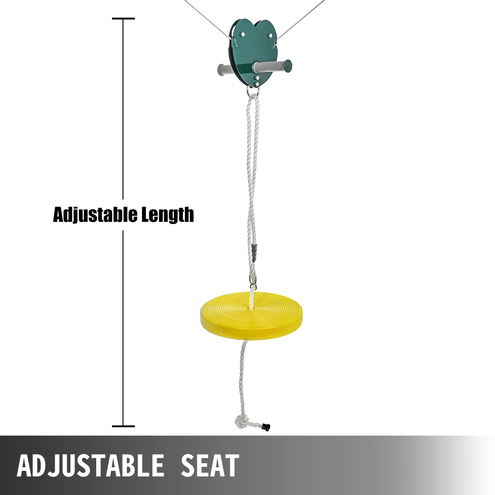 Kit de tirolina sentada VEVOR con asiento amarillo ajustable y cuerda resistente.