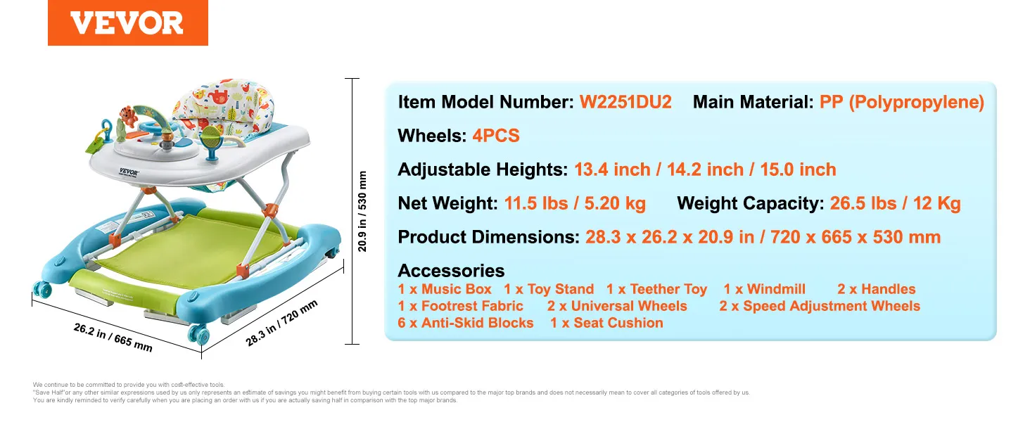 VEVOR baby walker with adjustable heights, toy stand, music box, and anti-skid blocks.