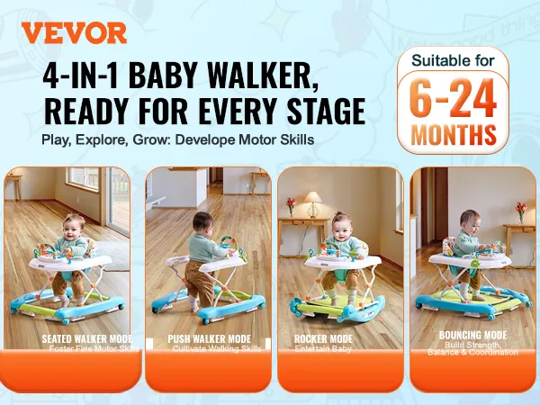 VEVOR baby walker in seated, push, rocker, and bouncing modes for ages 6-24 months with developmental benefits.