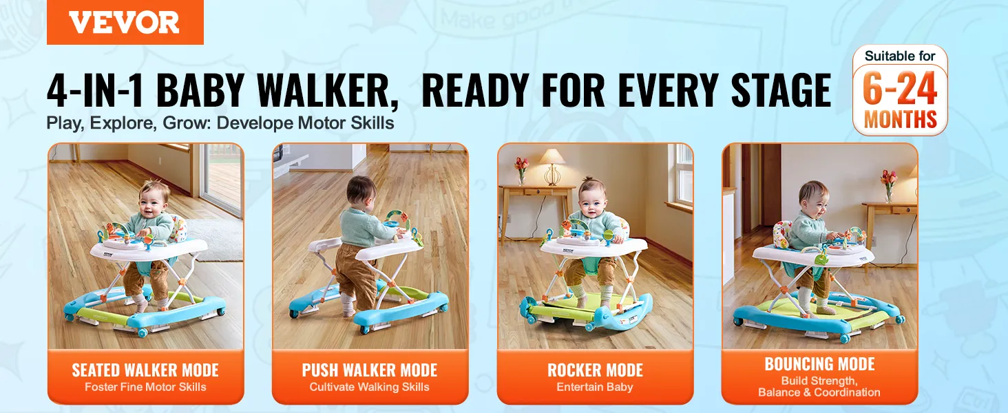 VEVOR baby walker in seated, push, rocker, and bouncing modes for ages 6-24 months with developmental benefits.