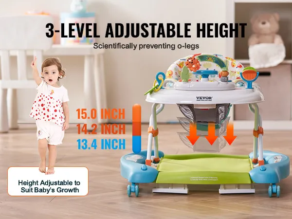 VEVOR baby walker with 3-level adjustable height, preventing o-legs, suitable for baby's growth stages.