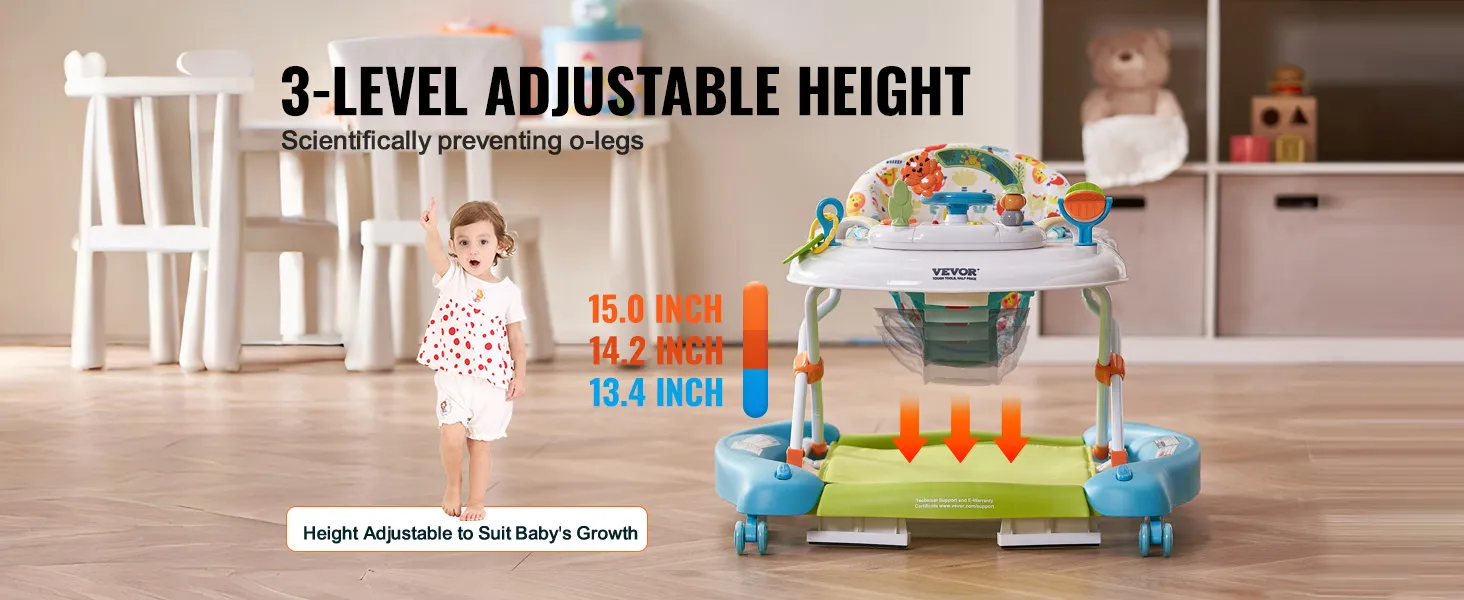 VEVOR baby walker with 3-level adjustable height, preventing o-legs, suitable for baby's growth stages.