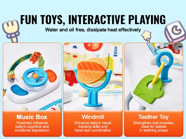 fun toys and interactive play on the VEVOR baby walker featuring music box, windmill, teether toys.