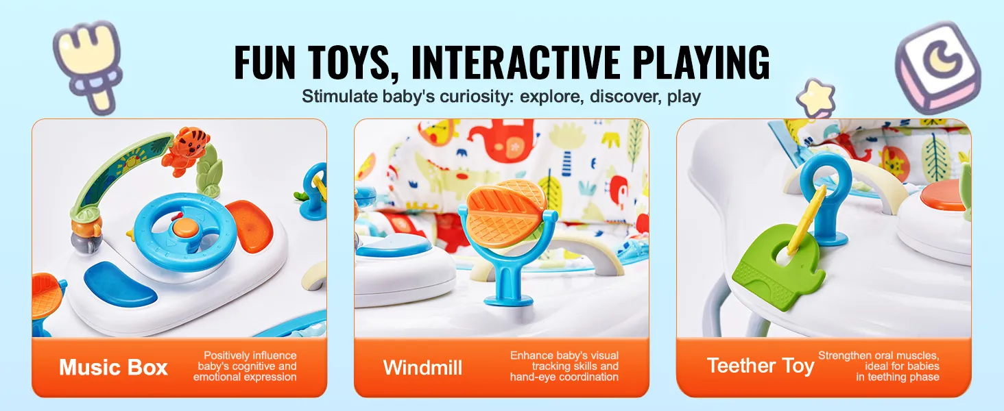 fun toys and interactive play on the VEVOR baby walker featuring music box, windmill, teether toys.