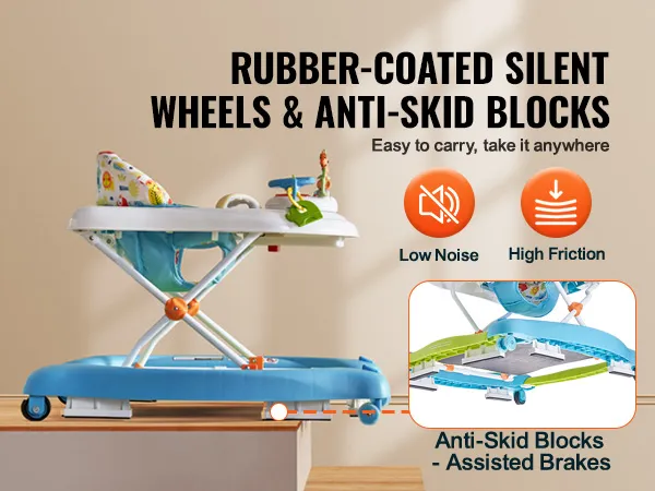 VEVOR baby walker with rubber-coated silent wheels, colorful seat, and anti-skid blocks for safety.