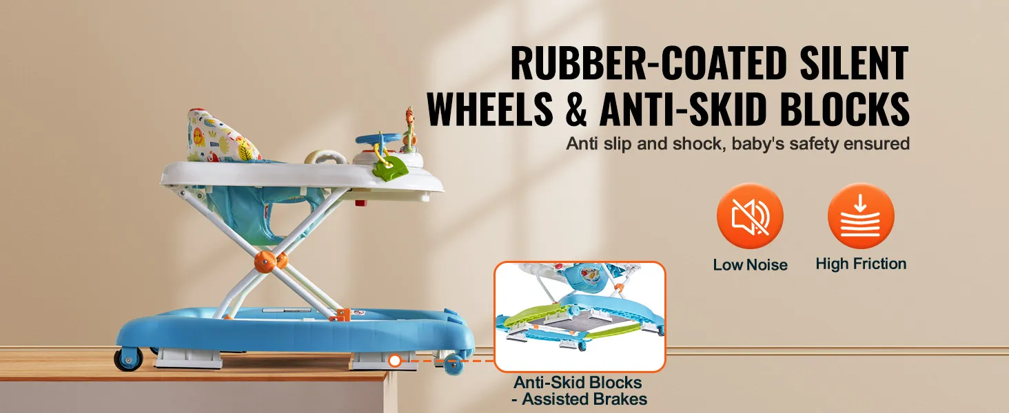 VEVOR baby walker with rubber-coated silent wheels, colorful seat, and anti-skid blocks for safety.