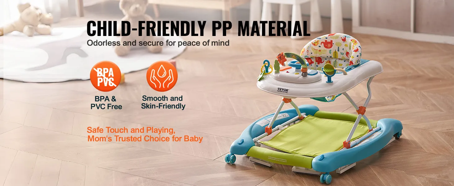 child-friendly VEVOR baby walker with colorful seat, bpa and pvc free, smooth and skin-friendly.