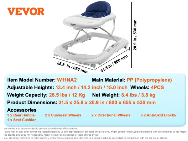 VEVOR baby walker, w11na2, pp, adjustable heights, 4pcs wheels, dimensions 31.5 x 25.8 x 20.9 inches.