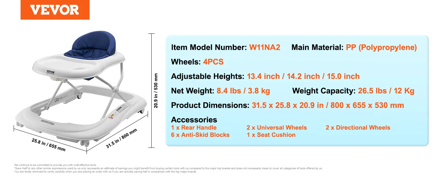 VEVOR baby walker, w11na2, pp, adjustable heights, 4pcs wheels, dimensions 31.5 x 25.8 x 20.9 inches.
