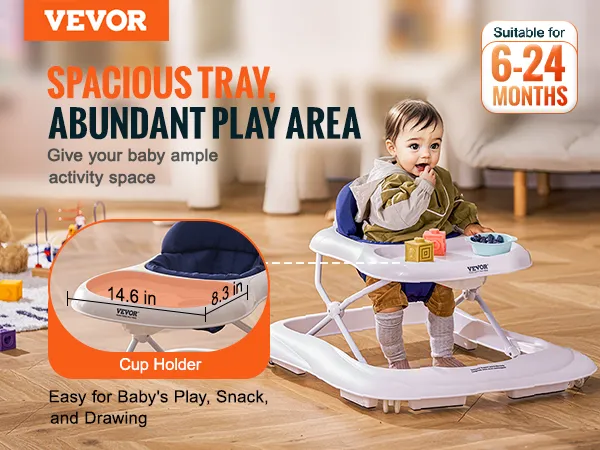 VEVOR baby walker with spacious tray, cup holder, and play area, suitable for 6-24 months.