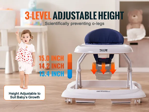 VEVOR baby walker with 3-level adjustable height in a cozy, child-friendly room setting.