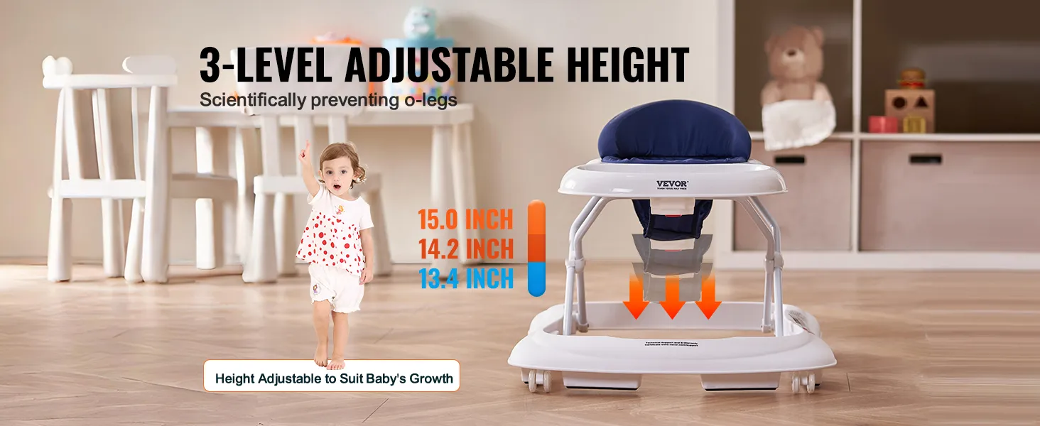 VEVOR baby walker with 3-level adjustable height in a cozy, child-friendly room setting.