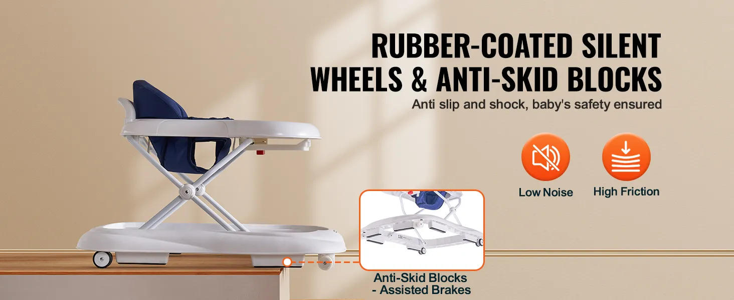 VEVOR baby walker with rubber-coated silent wheels and anti-skid blocks for safety and comfort.