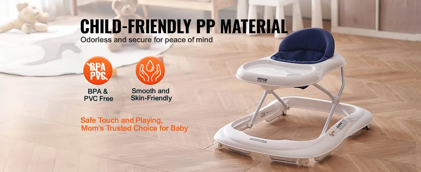 VEVOR baby walker with bpa & pvc free child-friendly pp material, smooth and skin-friendly for safe play.
