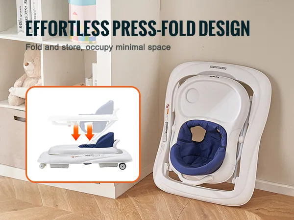 VEVOR baby walker with effortless press-fold design for easy storage near bookshelf and hardwood floor.