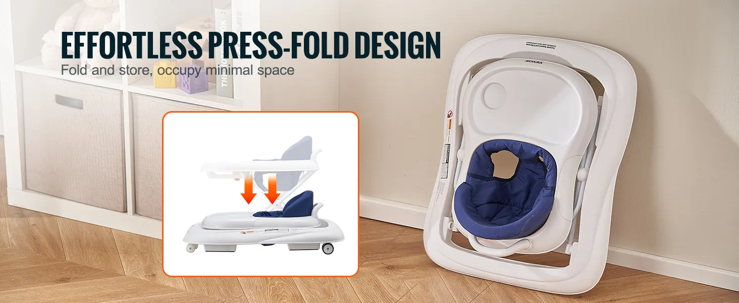 VEVOR baby walker with effortless press-fold design for easy storage near bookshelf and hardwood floor.