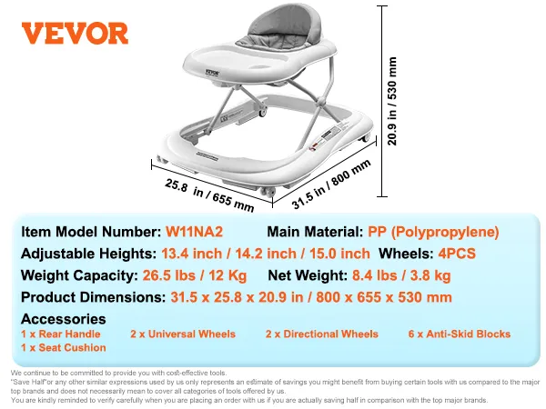VEVOR baby walker, model w11na2, adjustable heights, 26.5 lbs capacity, includes wheels and handle.