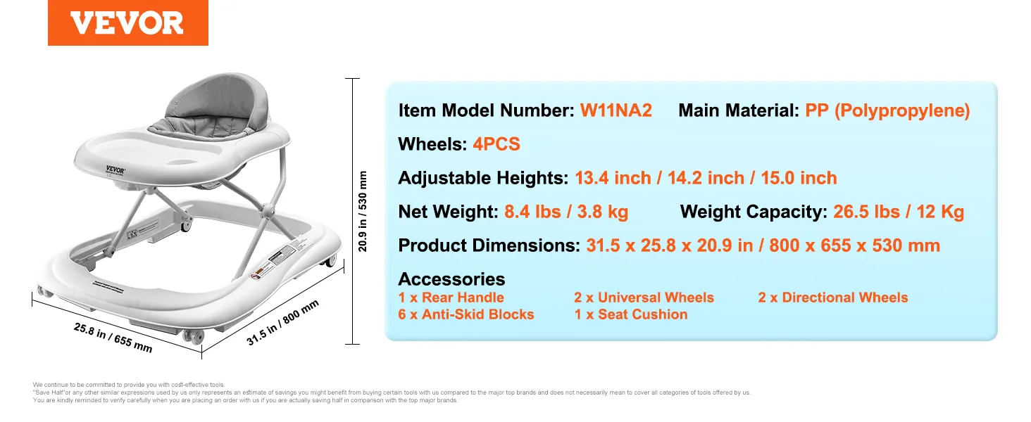 VEVOR baby walker, model w11na2, adjustable heights, 26.5 lbs capacity, includes wheels and handle.