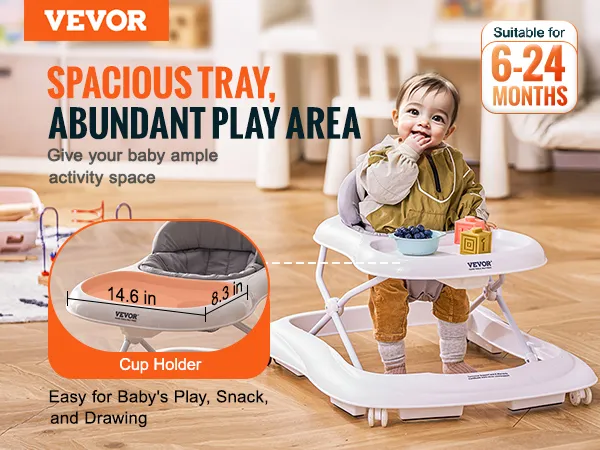 VEVOR baby walker with spacious tray and cup holder, suitable for 6-24 months, ample play area.