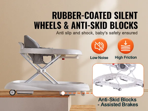 VEVOR baby walker with rubber-coated silent wheels, anti-skid blocks, ensures safety, low noise.