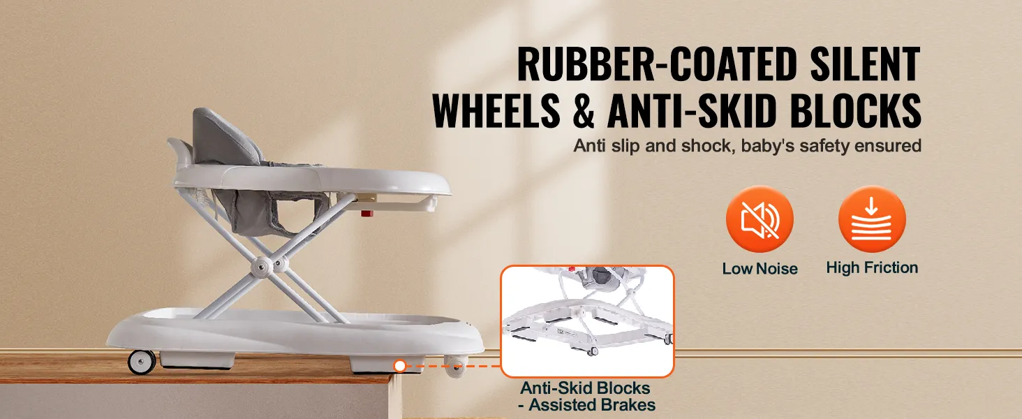 VEVOR baby walker with rubber-coated silent wheels, anti-skid blocks, ensures safety, low noise.