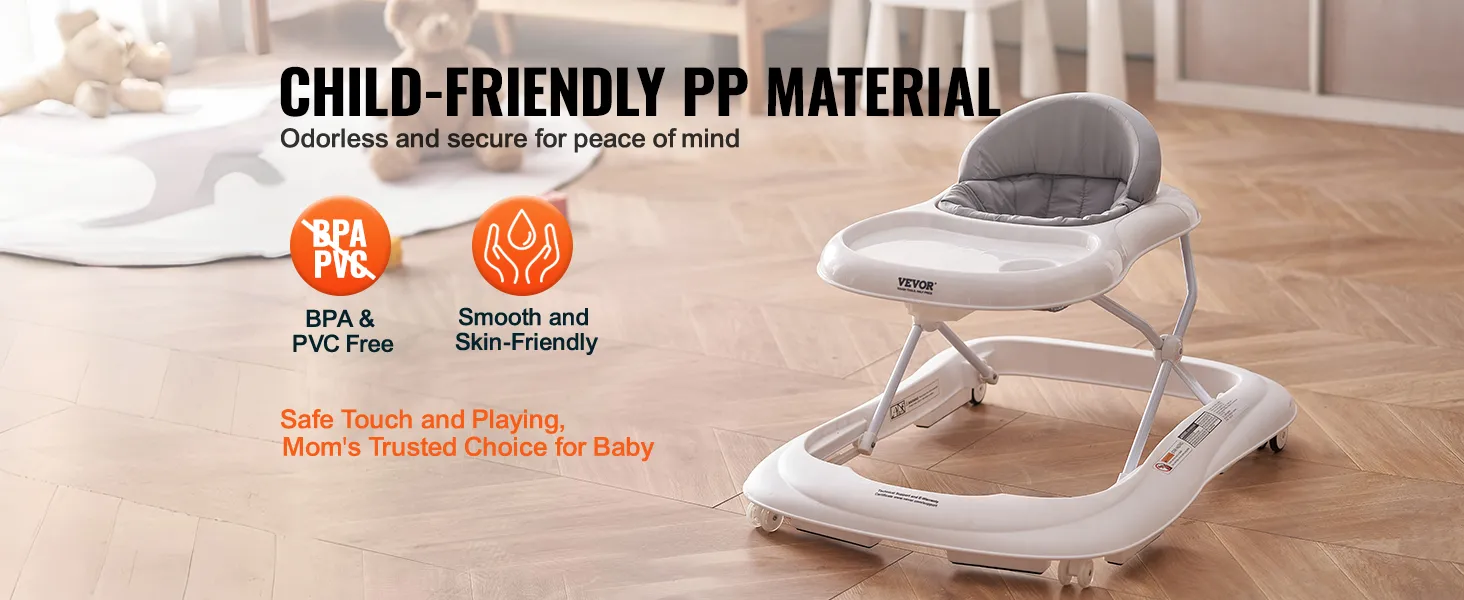 VEVOR baby walker with child-friendly pp material, bpa & pvc free, smooth and skin-friendly design.