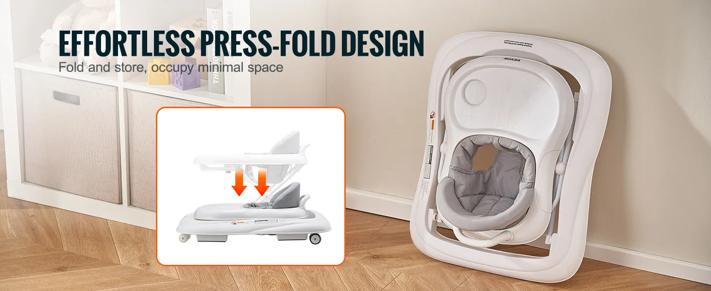 effortless press-fold design of VEVOR baby walker for easy storage, occupying minimal space.