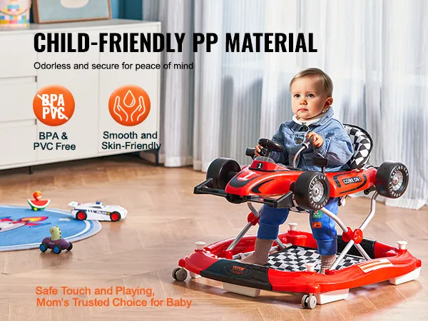 Bebé que usa el andador para bebés VEVOR con material PP apto para niños, libre de BPA y PVC, y diseño agradable para la piel.