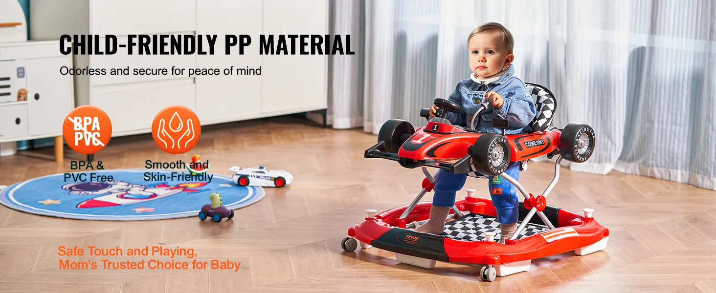 Bebé que usa el andador para bebés VEVOR con material PP apto para niños, libre de BPA y PVC, y diseño agradable para la piel.
