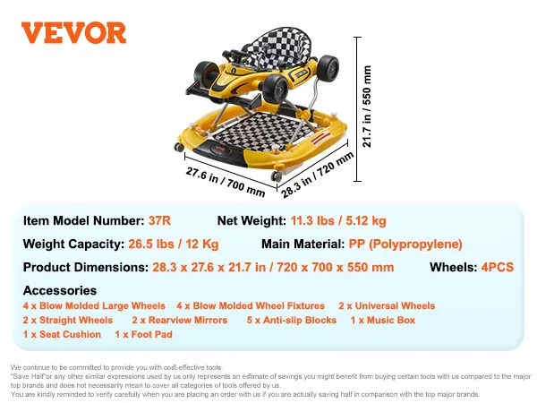 Andador para bebé VEVOR, modelo 37r, capacidad de peso 12 kg, dimensiones 720 x 700 x 550 mm, color amarillo con asiento a cuadros.