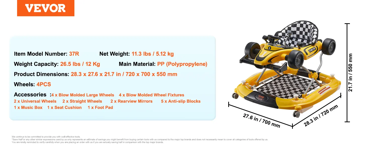 Andador para bebé VEVOR, modelo 37r, capacidad de peso 12 kg, dimensiones 720 x 700 x 550 mm, color amarillo con asiento a cuadros.