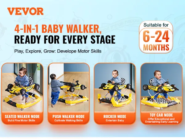 Andador para bebé VEVOR: andador para bebé 4 en 1 para el desarrollo de las habilidades motoras, adecuado para edades de 6 a 24 meses.