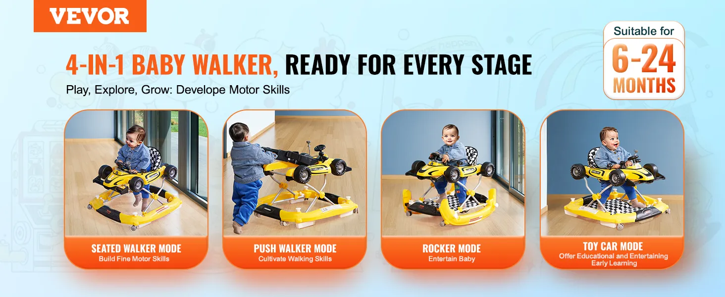Andador para bebé VEVOR: andador para bebé 4 en 1 para el desarrollo de las habilidades motoras, adecuado para edades de 6 a 24 meses.