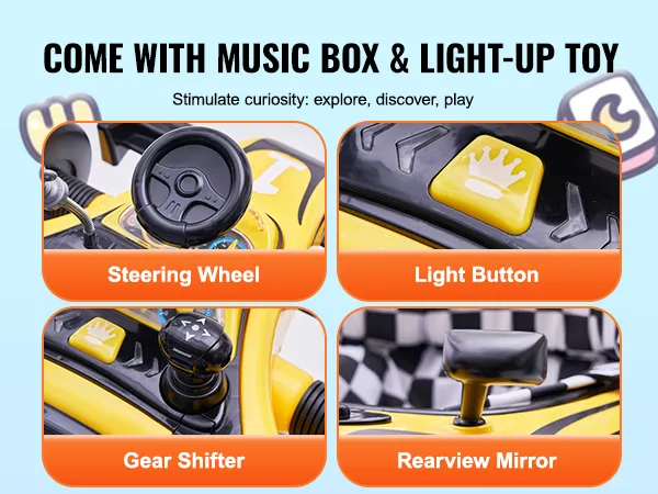 El andador para bebé VEVOR cuenta con volante, botón de luz, palanca de cambios y espejo retrovisor.