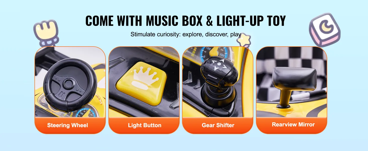 El andador para bebé VEVOR cuenta con volante, botón de luz, palanca de cambios y espejo retrovisor.