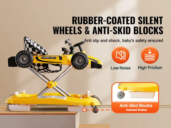 Andador para bebé VEVOR con ruedas silenciosas revestidas de goma, bloques antideslizantes y diseño de asiento a cuadros.