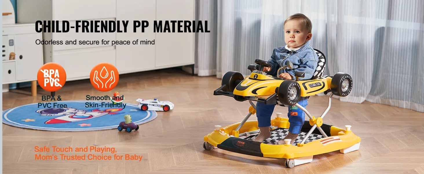 Niño en un andador VEVOR con diseño de coche de carreras sobre suelo de madera; material libre de BPA y PVC, apto para niños.